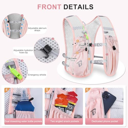 BECOJADDE Running Vest for Women Men, 5L/6L Lightweight Hydration Backpack Running Pack for Marathon, Trail, Cycling, Hiking, Jogging - color: Pink