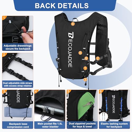 BECOJADDE Running Vest for Women Men, 5L/6L Lightweight Hydration Backpack Running Pack for Marathon, Trail, Cycling, Hiking, Jogging - color: Jet Black