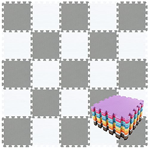qqpp EVA Rubber 18 Tiles Interlocking Puzzle Foam Floor Mats - Baby Play Mat for Playing | Exercise Mat for Home Workout. White, Gray. QC-ALb18N - color: 2 White, Gray, size: 18 Tiles