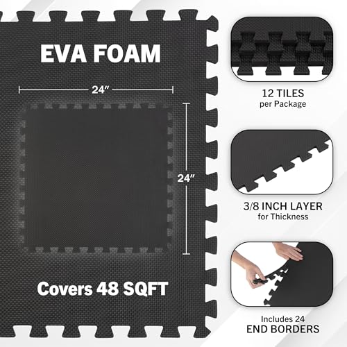 Stalwart EVA Foam Mat Tiles 12-Pack - 48 SQ FT of Interlocking Padding for Garage, Playroom, or Gym Flooring - Exercise Mat or Baby Playmat (Black)