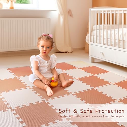 TCBunny Kids Soft EVA Foam Jigsaw Puzzle Play Mat, 36 Interlocking Tiles and Edges Baby Play Mat, for Kids Gym, Nursery, Playroom, Pet Mat, Total Floor Coverage 32 Sq Ft, Pink/Peach