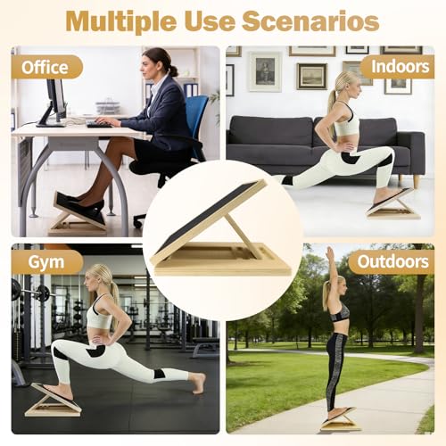 Slant Board for Calf Stretching and Exercise, 4 Angle Portable Adjustable Wooden Calf Stretch Board with Training Poster, 300 Lbs Weight Capacity Velour Board for Leg Knees Physical Therapy Equipment