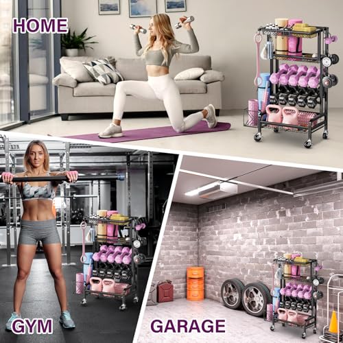 Dumbbell Rack, Weight Rack for Home Gym Storage Rack with Lockable Wheels & Hooks, Workout Equipment Storage for Yoga Mat Foam Roller Kettlebells Resistance Bands