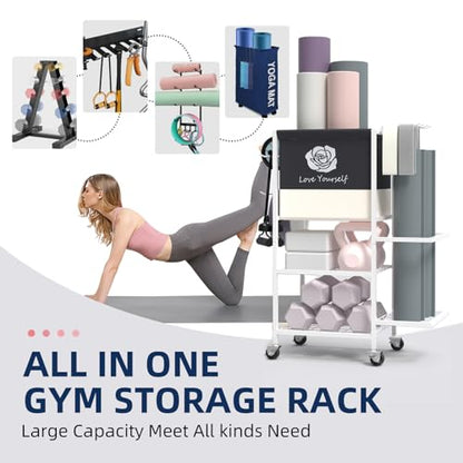 Multi-Functional Home Gym Storage Rack,All-in-One Weight Rack,Yoga Mat Foam Rollder Holder with Wheels and Side Holder - color: White