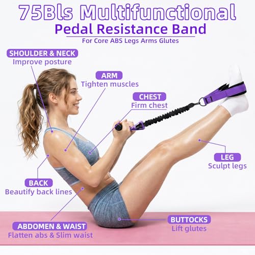 Pedal Resistance Band with Handles, Detachable Foot Pedal Resistance Band with Stainless Steel Buckles, Multifunction Tension Rope Tummy Trimmer for Full Body Workout Home Gym Women