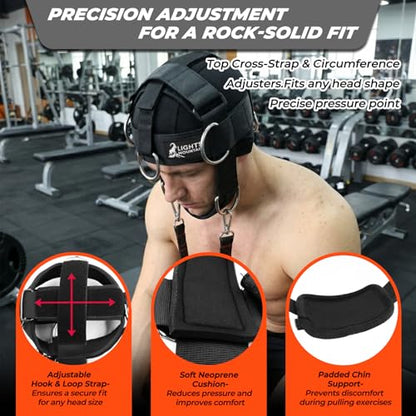 Adjustable Neck Harness for Weight Training with 6 D-Rings, Includes Skull Cap, Resistance Band & Loading Strap - Adjustable Head Harness for Neck Strengthening & Resistance Workout