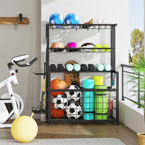 HOOBRO Sports Equipment Garage Organizer, Ball Storage Rack with Basket, Heavy Duty Ball Holder with Hooks, for Outdoor, Garage, Club, Basement, Black BK80JJ01