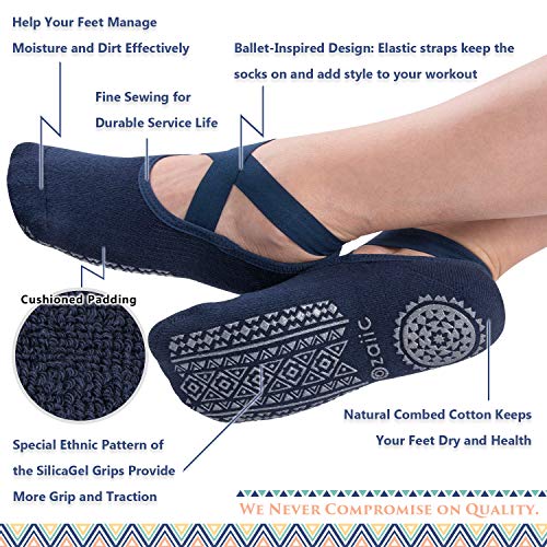 Ozaiic Pilates Socks for Women Non Slip Grip Yoga Barefoot Indoor Workout - color: 4 Pairs - Black/Navy/D.gray/ Burgundy