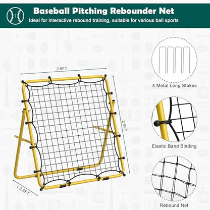 LIANTRAL Baseball Rebounder Net, Adjustable Bounce Back Trainer for Soccer, Volleyball, Softball, Portable Folding Rebounder for Passing & Shooting Practice, Volleyball Rebound Net for Kids, Yellow