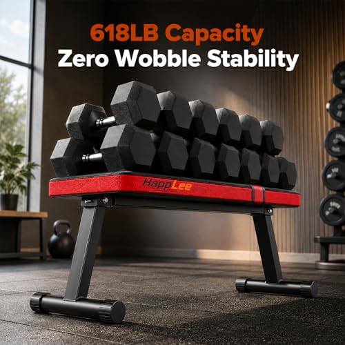 Happlee Flat Weight Bench for Home Gym Foldable Workout Bench for Dumbbell Exercise 618 lb Capacity Strength Training Bench Compact Bench Press Equipment for Small Space Apartment Garage Gym Black