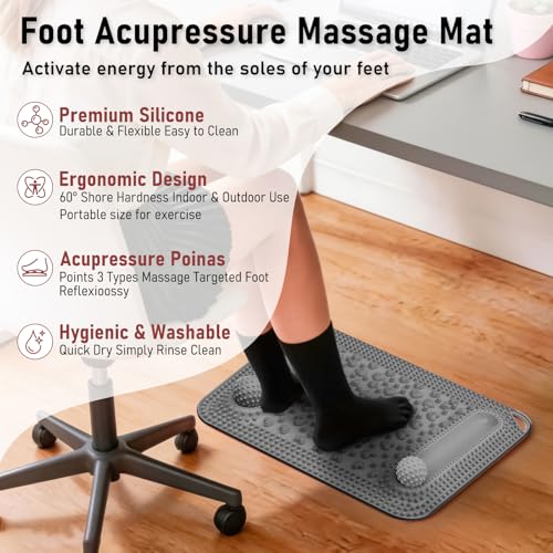 Foot Massage Mat & Foot Massage Balls, Spike Acupressure Reflexology Mat for Feet Pressure Point Stimulation, Silicone Massager Board Plantar Fasciitis Pain Stress Relief for Office Home Grey - color: 22.4x14.2" Grey