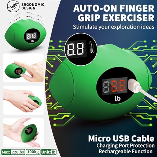 Hand Grip Strengthener, Rechargeable Digital Grip Strength Trainer with LCD Display Up to 220lbs/100kg, Silicone Hand Exercise Ball for Forearm Finger Training & Stress Relief, for Adults and Kids - color: Green