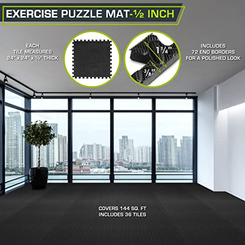 ProsourceFit Exercise Puzzle Mat ½-inch, EVA Interlocking Foam Floor Tiles for Home Gym, Workout Equipment, Kids Play Areas, Black, 144 SQ FT - 36 Tiles