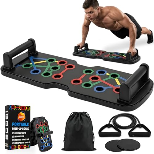 Push Up Board Fitness, Foldable 21-in-1 Pushup bar Home Workout Equipment – Multi-Functional Push Up Bar with Handles, Resistance Bands, Sliding Discs & Carry Bag – Heavy-Duty 330 lbs