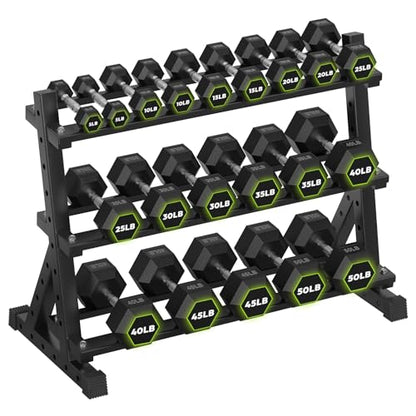 HANDBODE 3-Tier Dumbbell Rack Stand, 1000LB Capacity Storage Rack, Weight Rack for Dumbbells, Kettlebell, 390–700 lb Rubber Coated Fixed Weight Sets, Home Gym Strength Training Equipment - color: 550 lb Set (5-50 lb) *2 & Rack
