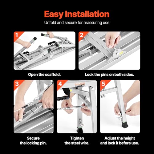 VEVOR Work Platform, 39"x 12" Portable Scaffolding Platform, Folding Steel Step Ladder Adjustable Height 19.7”-29.1”, 400 lbs Load Capacity, Non-Slip Drywall Painting Stool for Cleaning &Washing - size: 39"x 11"