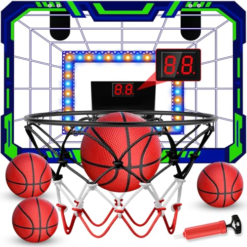 Kids Indoor Basketball Hoop - Over The Door Mini Basketball Hoop with LED Scoreboard, Lights & Sound, Includes 4 Balls - Fun Birthday for Boys & Girls Ages 3-12 to Play Anywhere