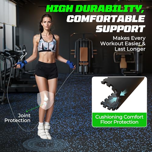 0.56" Rubber Top Gym Flooring, Heavy Duty Interlocking Gym Mats for Home Gym, Non-Slip Workout Mat, 24 x 24in Large Gym Floor Mat, Protect Floors from Weights & Equipment, 96 Sq Ft, Black/Blue