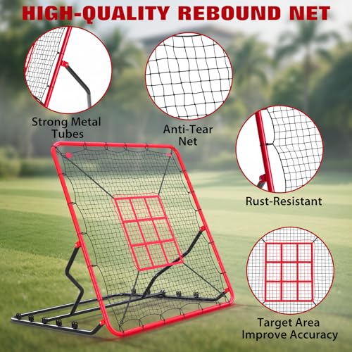 Baseball Rebounder Net, 4x4.5 ft Baseball Pitching Batting Net, 5 Adjustable Angles, Durable UV-Resistant Bounce Back Net, Solo Fielding Trainer for Hitting, Fielding Practice