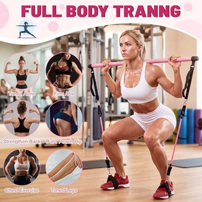 Pilates Bar Kit with Resistance Bands and Yoga Mat, Adjustable Metal Bar Portable Home Fitness Set for Women Full Body Workouts, Core, Strength, Stretching and Pilates Training