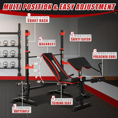 1500LBS 8 in 1 Weight Bench Set with Leg Extension/Curl and Preacher Curl, Bench Press Set and barbell Rack with Safety Bar Catches, Foldable Workout Benches for Home(US Stock) - color: Black Red