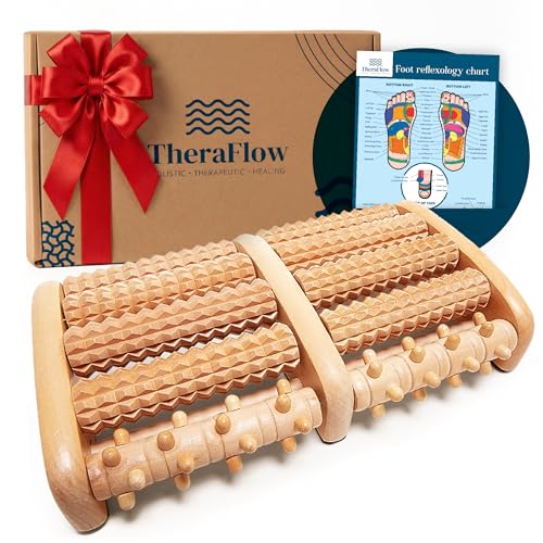 TheraFlow Foot Roller for Plantar Fasciitis Relief and Neuropathy Pain Relief for Feet - Wooden Foot Massager Roller Acupressure Tool with Reflexology Chart - Mom Gifts for Women and Men