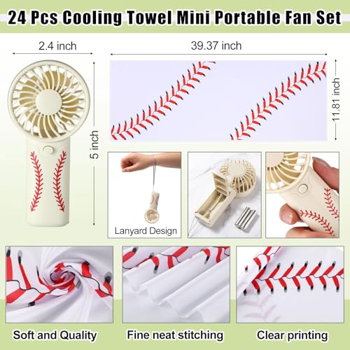 Retisee 24 Pcs Baseball Cooling Towel Mini Portable Fan Set 32 x 12 Inch Workout Towels Handheld Battery Powered Fan Sporting Baseball Gifts for Summer Team Gift Travel Camping Makeup Yoga Running