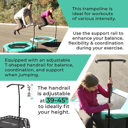 Upper bounce Mini Workout Trampoline Adjustable tshaped handrail – Hexagonal rebounder Trampoline Kids & Adults – Fitness Recreational Trampolines, Supports up 220lbs. (Green, 40 Inches)