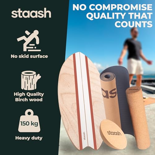 STAASH® Balance Board Full Kit – Premium Birch Wood Trainer with Cork Roller, Balance Disc, Massage Ball & Anti-Slip Mat – Core Strength, Surf, Snowboard & Rehab Training – All-In-One Set
