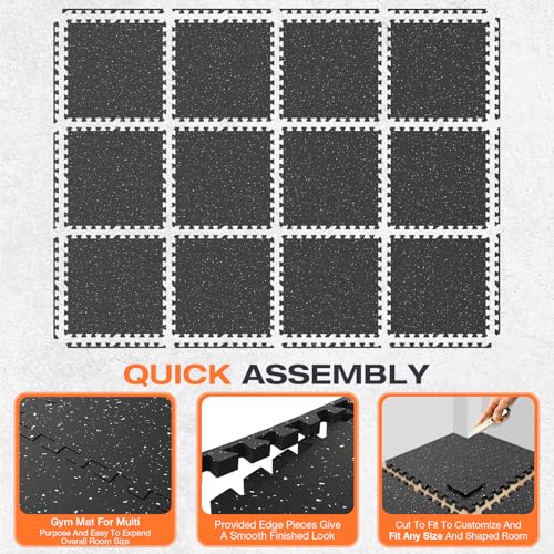 0.56'' Thick 12 Pcs 48 Sq Ft Non-Slip Rubber Top Exercise Equipment Mats, High Density EVA Foam Mats with Rubber Top, Interlocking Puzzle Gym Flooring for Home Gym, Workout Floor Mats, Black