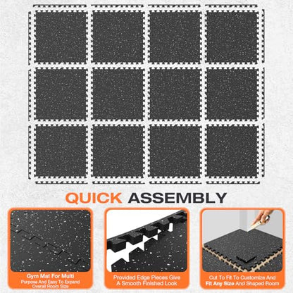 0.56'' Thick 12 Pcs 48 Sq Ft Non-Slip Rubber Top Exercise Equipment Mats, High Density EVA Foam Mats with Rubber Top, Interlocking Puzzle Gym Flooring for Home Gym, Workout Floor Mats, Black