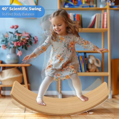 Wooden Wobble Balance Board for Kids, Balance Beam Rocker Board for Toddlers Adults, Montessori Waldorf Learning Toys for Yoga Exercise