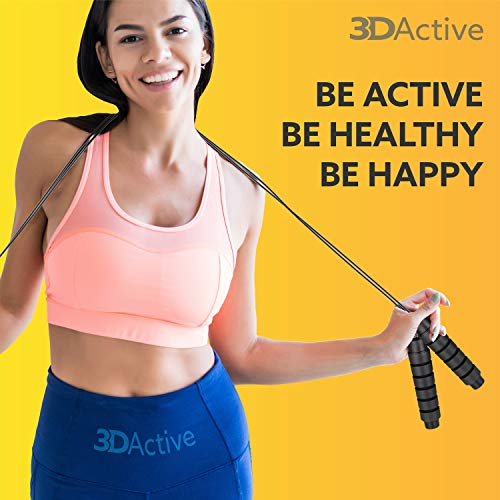 3DActive Jump Rope, Tangle-Free Adjustable Skipping Rope with Ball Bearings. Perfect for Home Workouts, Cardio Exercise & Burning Calories. Cordless Jump Rope, Handle Weights & Carry Bag Included - Black
