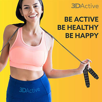 3DActive Jump Rope, Tangle-Free Adjustable Skipping Rope with Ball Bearings. Perfect for Home Workouts, Cardio Exercise & Burning Calories. Cordless Jump Rope, Handle Weights & Carry Bag Included - Black