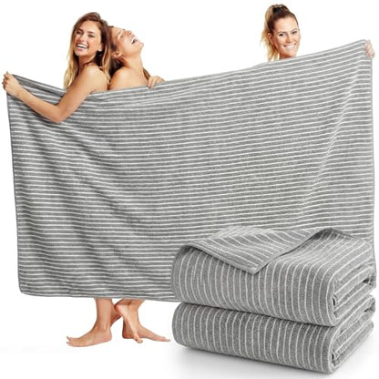 2 Pack Oversized Bath Towels 40 x 80 in Coral Fleece Extra Large Gray and White Striped Bath Sheets Microfiber Quick Dry Absorbent Shower Towel for Beach Pool Hotel Bathroom Spa Gym