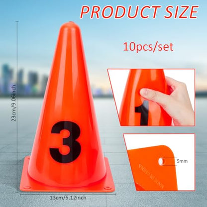 BENECREAT 10PCS Set Numbered Traffic Cones, 5.12x5.12x9.06 inch Length Orange Practice Markers, Durable PVC Sport Training Cones with Numbers for Soccer Football Agility Drills