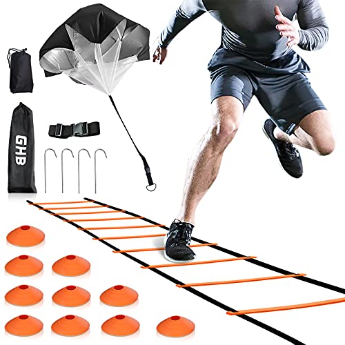 GHB Agility Ladder Speed Training Ladder Workout Ladder with 6 or 10 Cones 12 Rung 20ft with Resistance Parachute - color: Orange-10 Cones