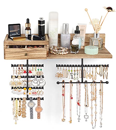 Jewelry Organizer Hanging Wall Mounted Jewelry Holder with Rustic Wood Drawer & Large Capacity Storage Shelf Rack Display for Earrings Rings Necklaces Bracelet - color: Carbonized Black