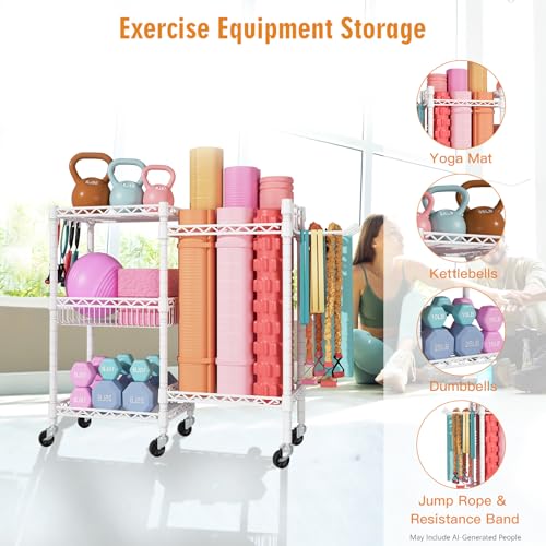 FUTASSI Home Gym Storage, 3 Tiers Workout Equipment Organizer with Wheels for Yoga Mats, Foam Roller, Dumbbells, Kettlebells, and Resistance Bands