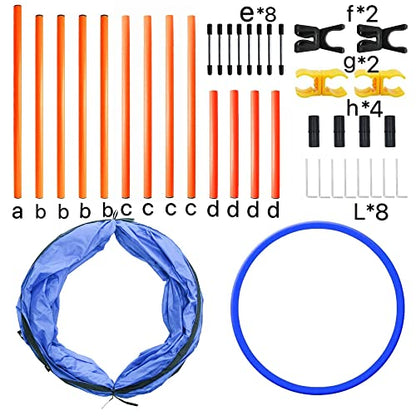 Dog Agility Training Equipment, Obstacle Agility Training Starter Kit for Doggie, Including Tunnel, 13 Weave Poles, Adjustable Hurdle, Jump Ring, Pause Box and Carrying Bag(Blue)