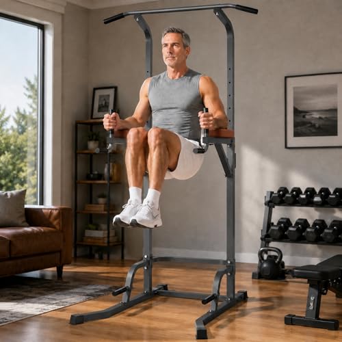 Power Tower Pull Up Station, Dip Station with Stable H-Shaped Base, Adjustable Height for Pull-Ups, Dips, Knee Raises & Calisthenics Training - color: Black/Brown
