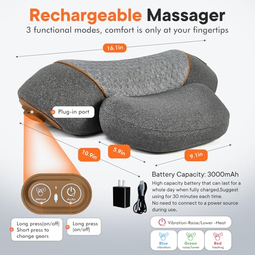 3-in-1 Neck Massager Pillow with Heating & Cervical Traction, Ergonomic Cervical Pillow for Neck Back Shoulder Pain Relief, Rechargeable Neck Pillow (Light Gray) - color: Light Gray
