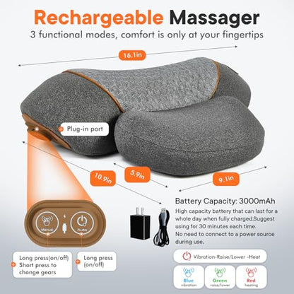 3-in-1 Neck Massager Pillow with Heating & Cervical Traction, Ergonomic Cervical Pillow for Neck Back Shoulder Pain Relief, Rechargeable Neck Pillow (Light Gray) - color: Light Gray