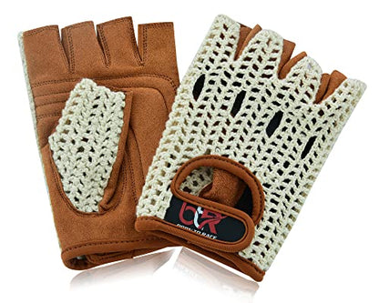 Men's Chauffeur Half Finger Padded Gloves - Driving, Motorbike, Cycling, Gym, Wheelchair, Crochet Back - color: White/Brown, size: Small