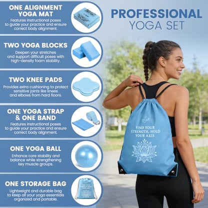 Foldable Yoga Mat and Blocks Set for Women with 2 Pack Yoga Blocks and Strap,Thin Non Slip Pilates Mat with Bag, Home Workout Equipment Essentials Starter Kit for Beginners Full Body Toning - color: Blue