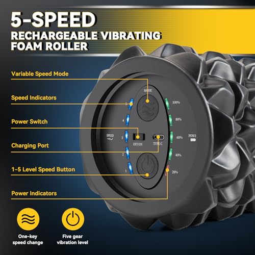 Vibrating Foam Roller, High Density Massage Roller for Back Pain Relief & Muscle Recovery and Physical Therapy, 5-Speed Rechargeable Exercise Roller, 2 Modes