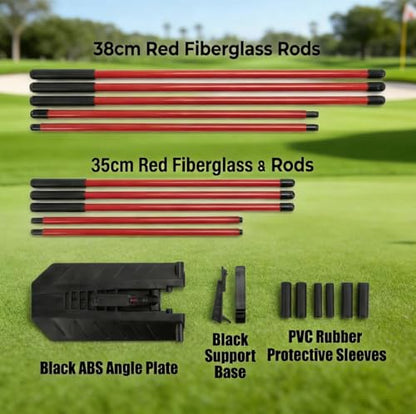 Golf Alignment Stick Holder Adjustable Angle Swing Trainer Aid Fiberglass Rods PVC Sleeve Plane Corrector Portable ABS Base for Men Women Putting Drills Red Black