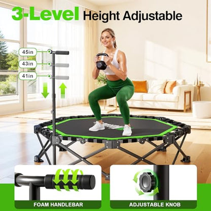 48" Foldable Mini Trampoline, 550lb Capacity Rebounder with Adjustable T-Bar for Adults, Home Gym Fitness Equipment (Black Green)