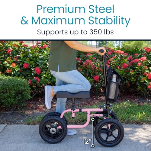 Vive Mobility All Terrain Knee Scooter Walker for Foot Injuries - Adult Broken Leg Crutch Cart Roller for Surgery, Broken Foot, Ankle Injury - Kneeling Rolling Steerable Seated Wheel Scooter Aid - color: Pink