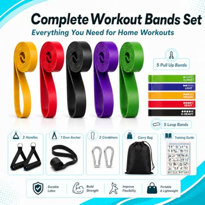 Exercise Bands Resistance Bands Set, 5 Pull Up Bands and 5 Loop Bands with Door Anchor, 2 Handles, Carry Bag and Training Guide for Women Men, Home Workout, Strength Training